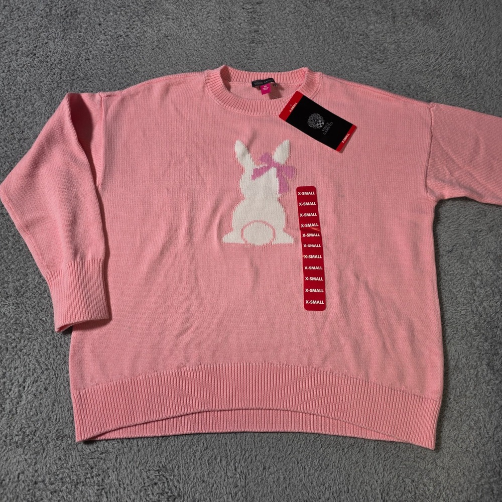Vince Camuto Womens XS Easter Sweater Coral Pink Bunny Graphic Bow Cotton Knit